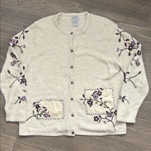Northern Traditions Vintage Cream Button Cardigan Sweater Floral Embroidered LG